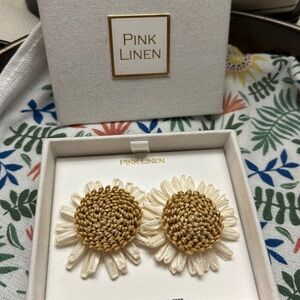 Pink Linen Sunflower Earrings in Cream and Tan